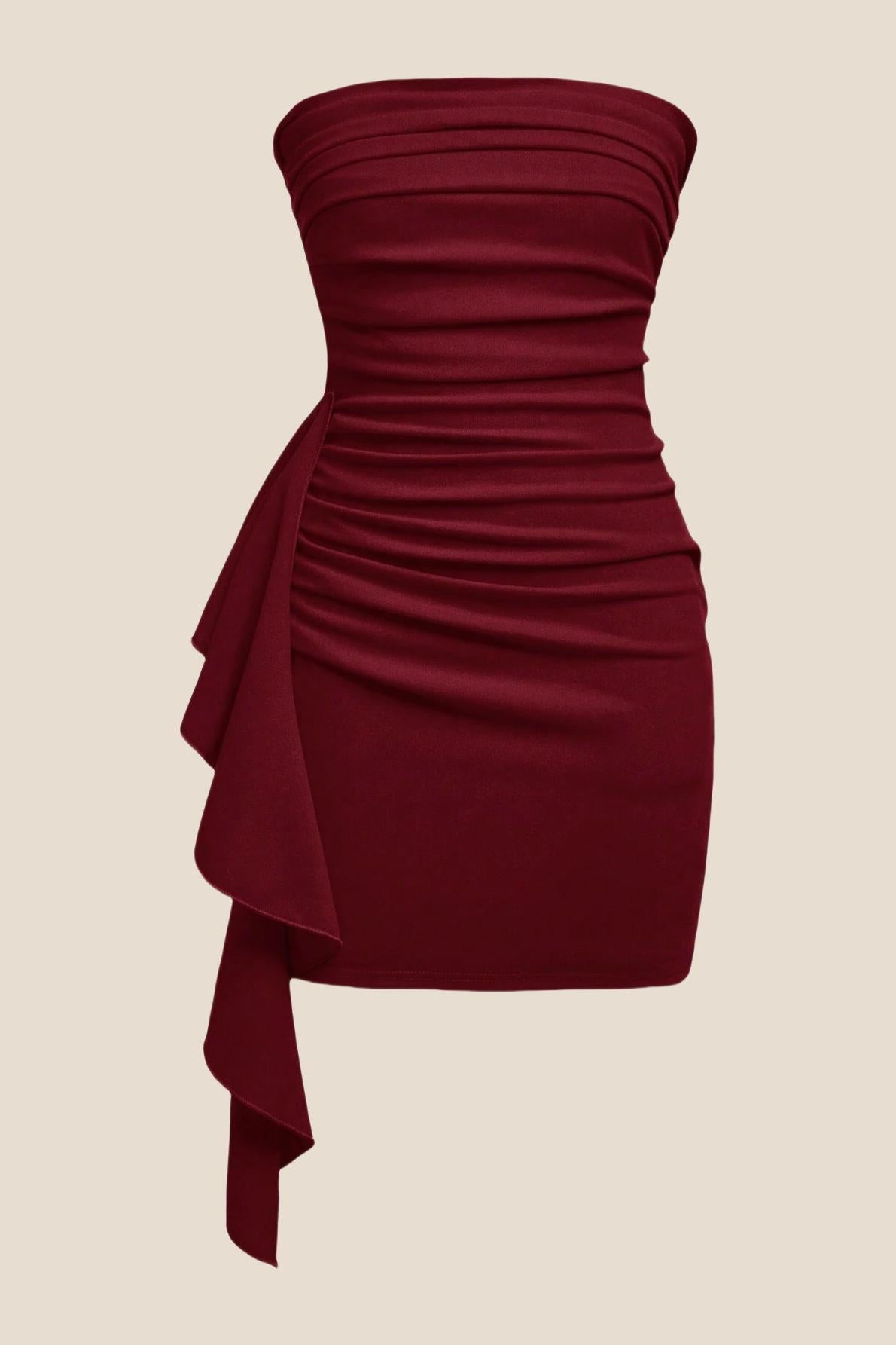 Strapless Burgundy Bodycon Short Dress with Train Ohmollydress Strapless Burgundy Bodycon Short Dress with Train Ohmollydress