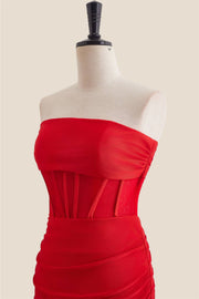 Strapless Red Ruched Bodycon Short Dress