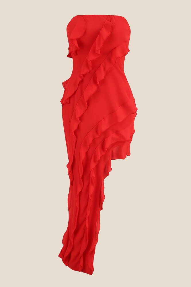 Strapless Red Ruffle Irregular Dress with Slit