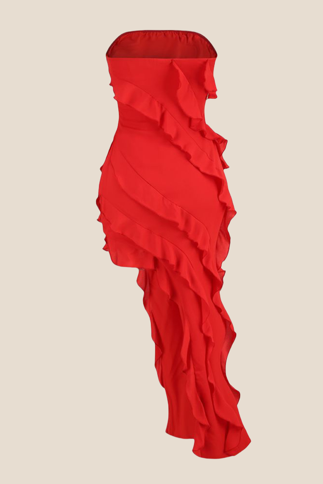 Strapless Red Ruffle Irregular Dress with Slit