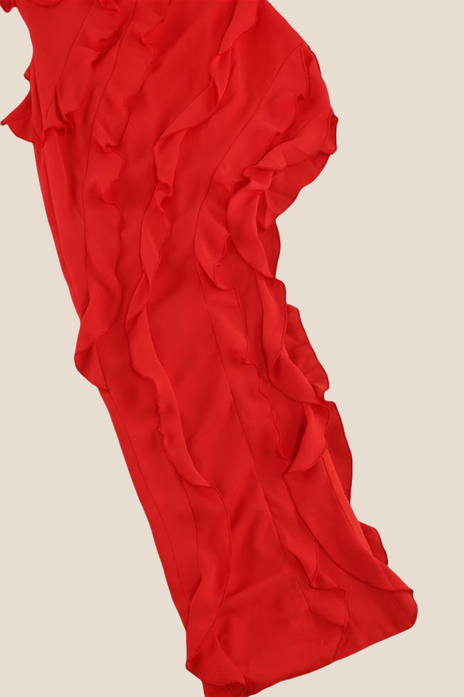 Strapless Red Ruffle Irregular Dress with Slit