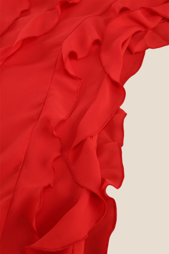 Strapless Red Ruffle Irregular Dress with Slit