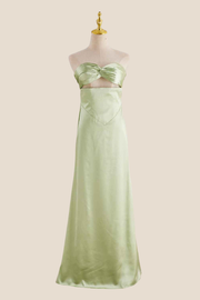 Strapless Sage Green Twist Satin Long Dress