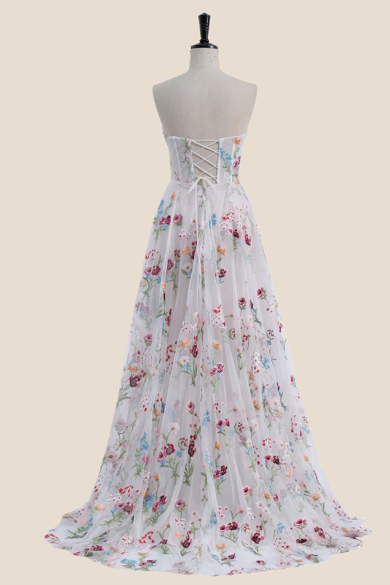 Strapless White Floral Embroidery Tulle Long Dress