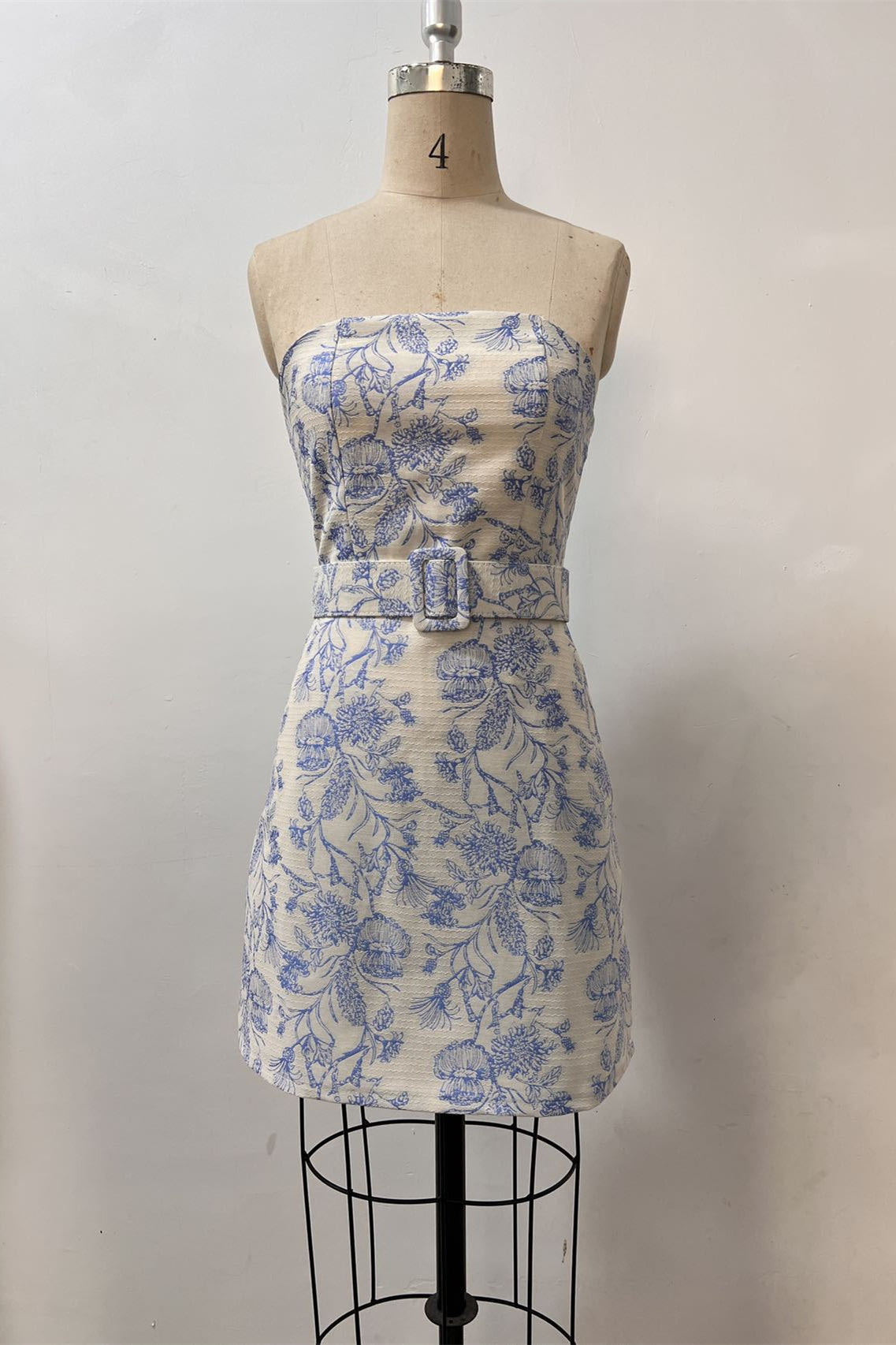 White Floral Print A-line Short Dress with Belt