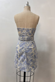 White Floral Print A-line Short Dress with Belt