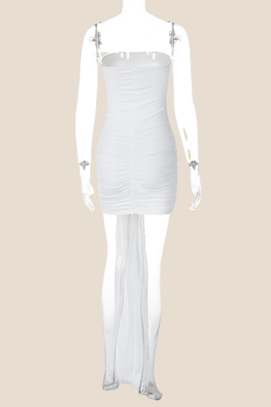 Strapless White Ruched Short Dress with Ribbon