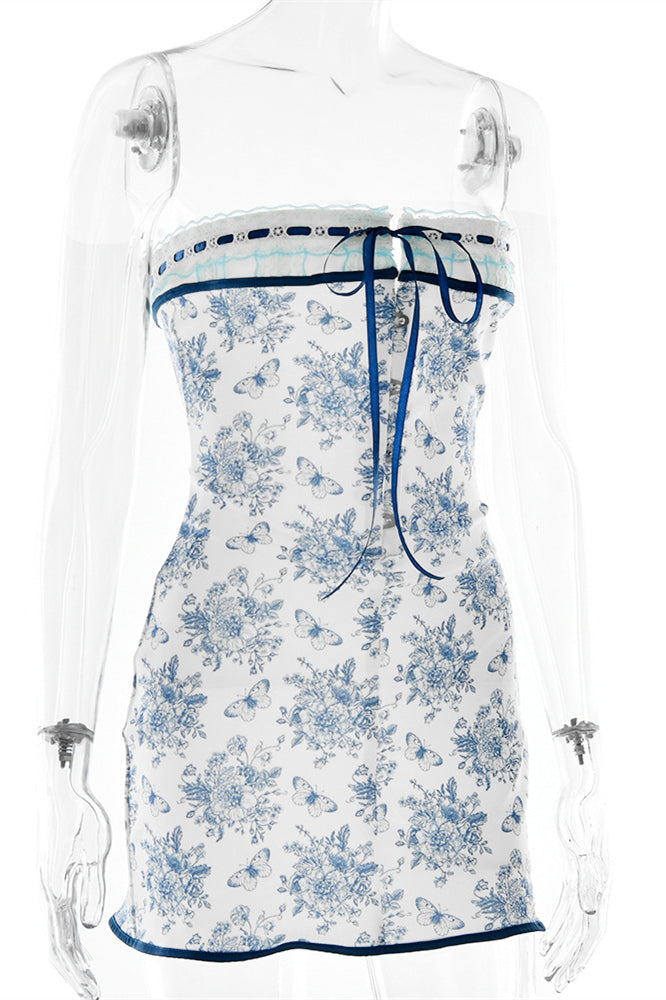 Strapless White and Blue Floral Print Summer Dress