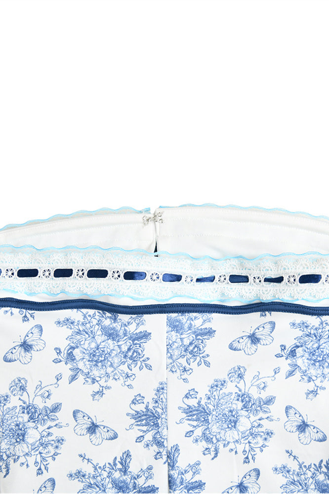 Strapless White and Blue Floral Print Summer Dress
