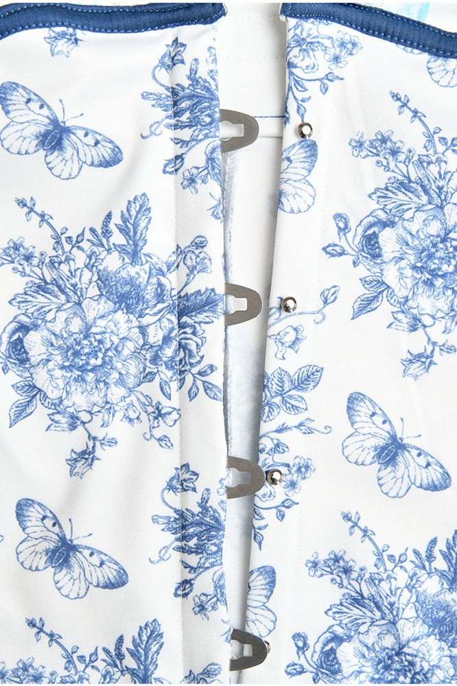 Strapless White and Blue Floral Print Summer Dress