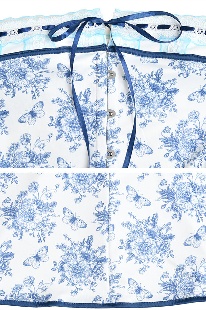 Strapless White and Blue Floral Print Summer Dress