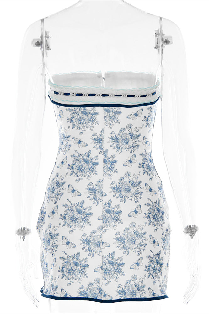 Strapless White and Blue Floral Print Summer Dress
