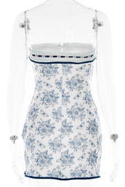 Strapless White and Blue Floral Print Summer Dress