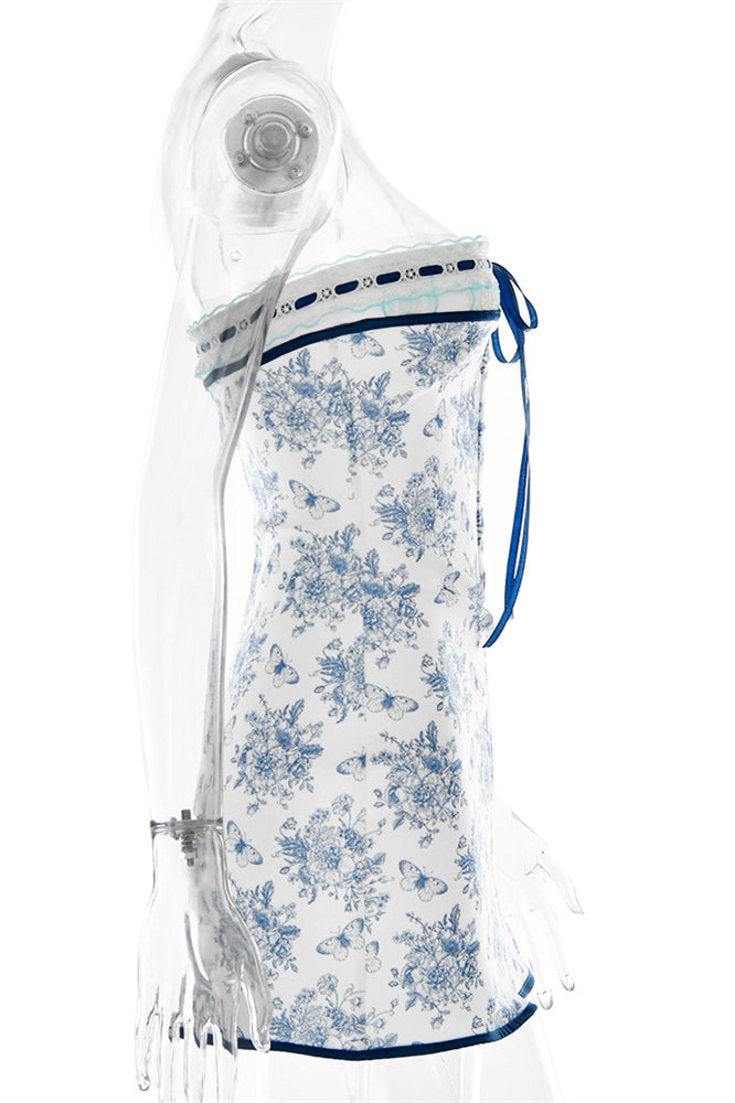 Strapless White and Blue Floral Print Summer Dress