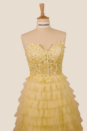 Strapless Yellow Appliques Tiered Short Dress