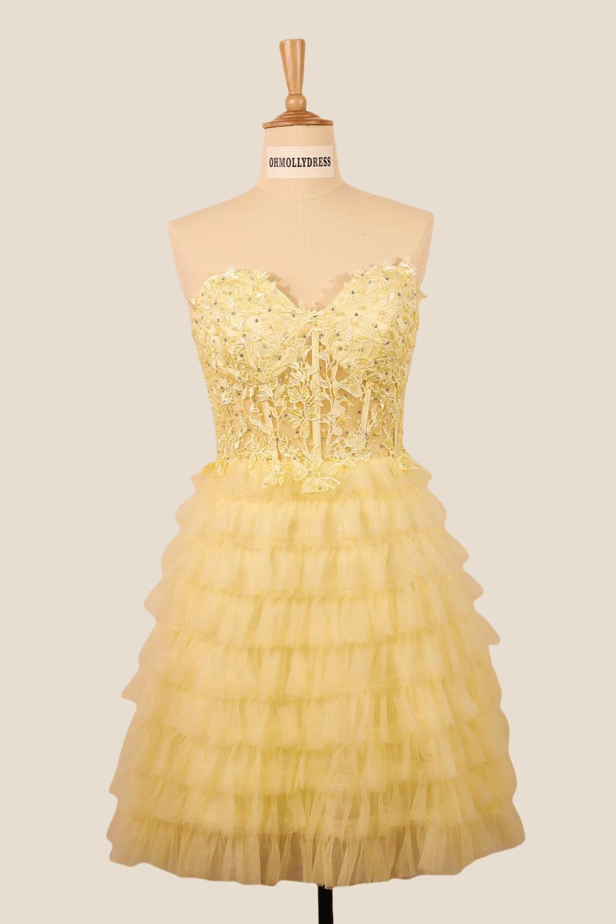 Strapless Yellow Appliques Tiered Short Dress