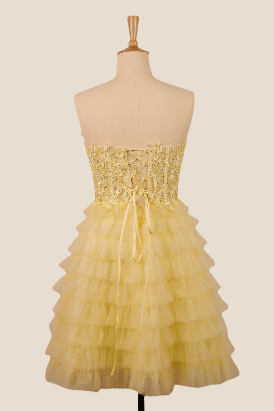 Strapless Yellow Appliques Tiered Short Dress