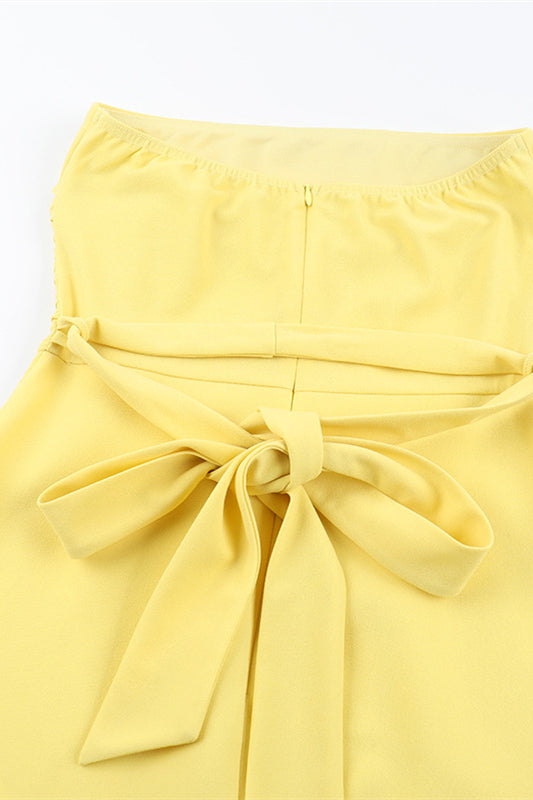 Strapless Yellow Back Tie A-line Short Dress