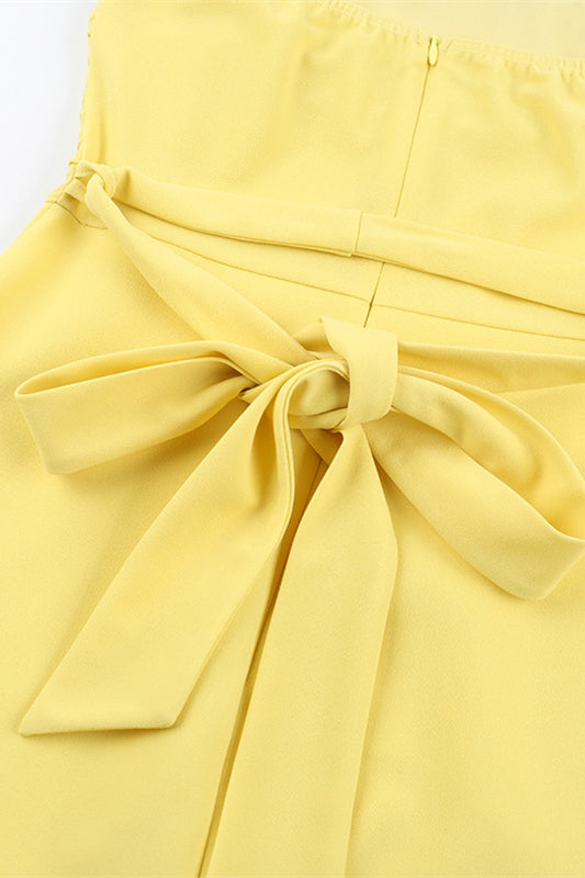 Strapless Yellow Back Tie A-line Short Dress