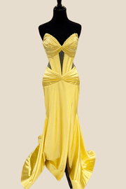 Strapless Yellow Beaded Long Dress with Slit