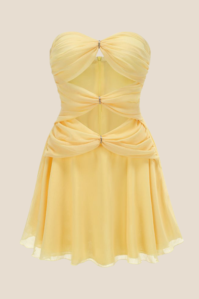 Strapless Yellow Cut-out Ruched A-line Short Dress