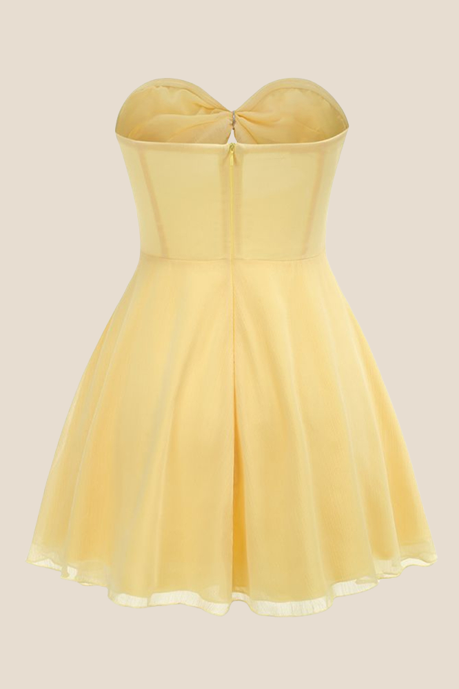 Strapless Yellow Cut-out Ruched A-line Short Dress