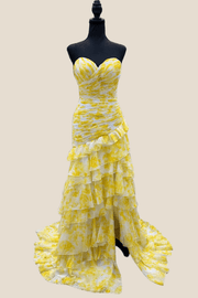 Strapless Yellow Floral Print Ruffle Long Dress