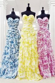 Strapless Yellow Floral Print Ruffle Long Dress