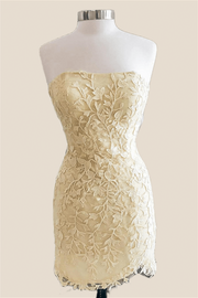 Strapless Yellow Lace Beaded Tight Short Dress