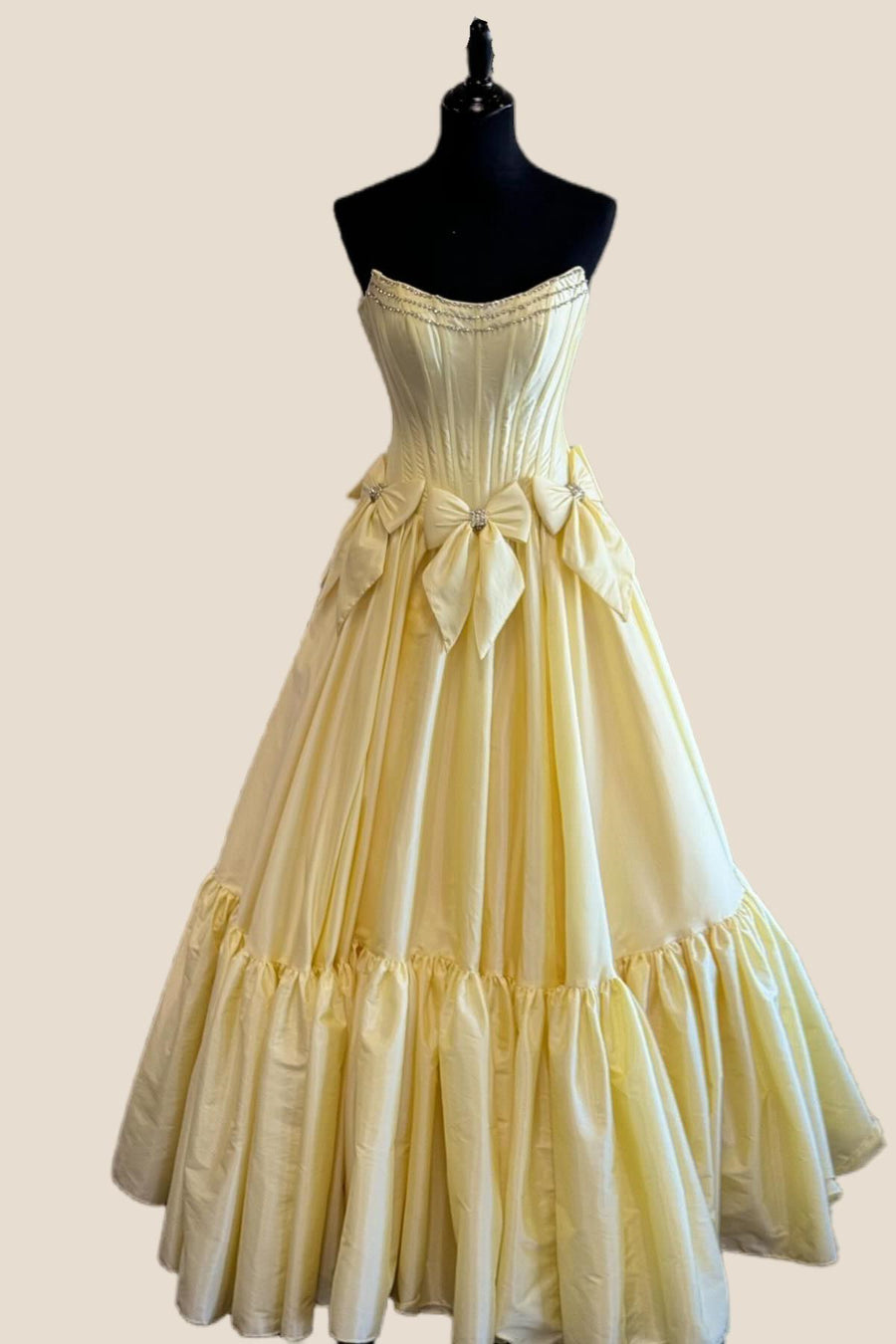 Strapless Yellow Ruffle A-line Long Dress with Bow