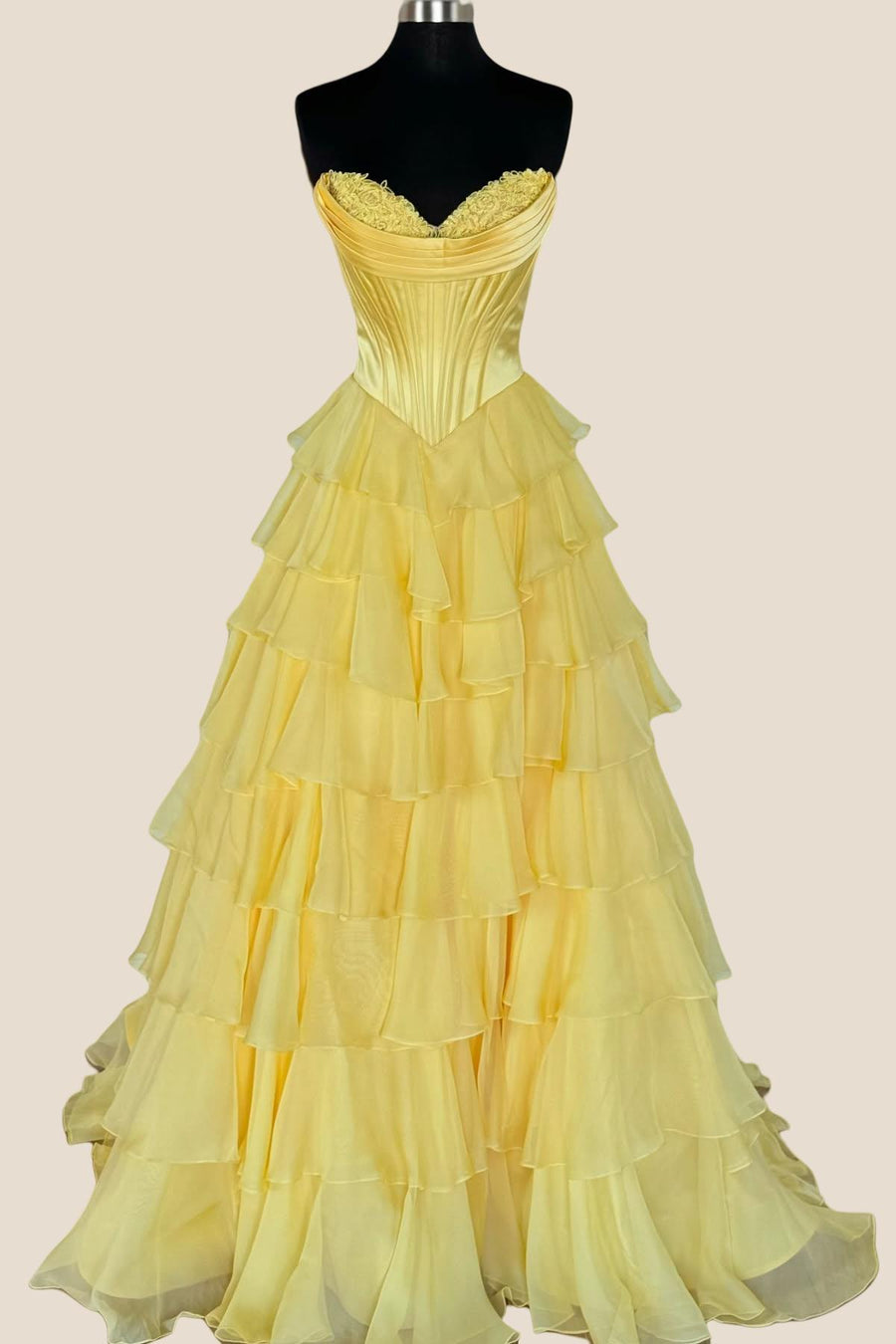 Strapless Yellow Tiered Chiffon Long Dress with Slit Ohmollydress Strapless Yellow Tiered Chiffon Long Dress with Slit Ohmollydress