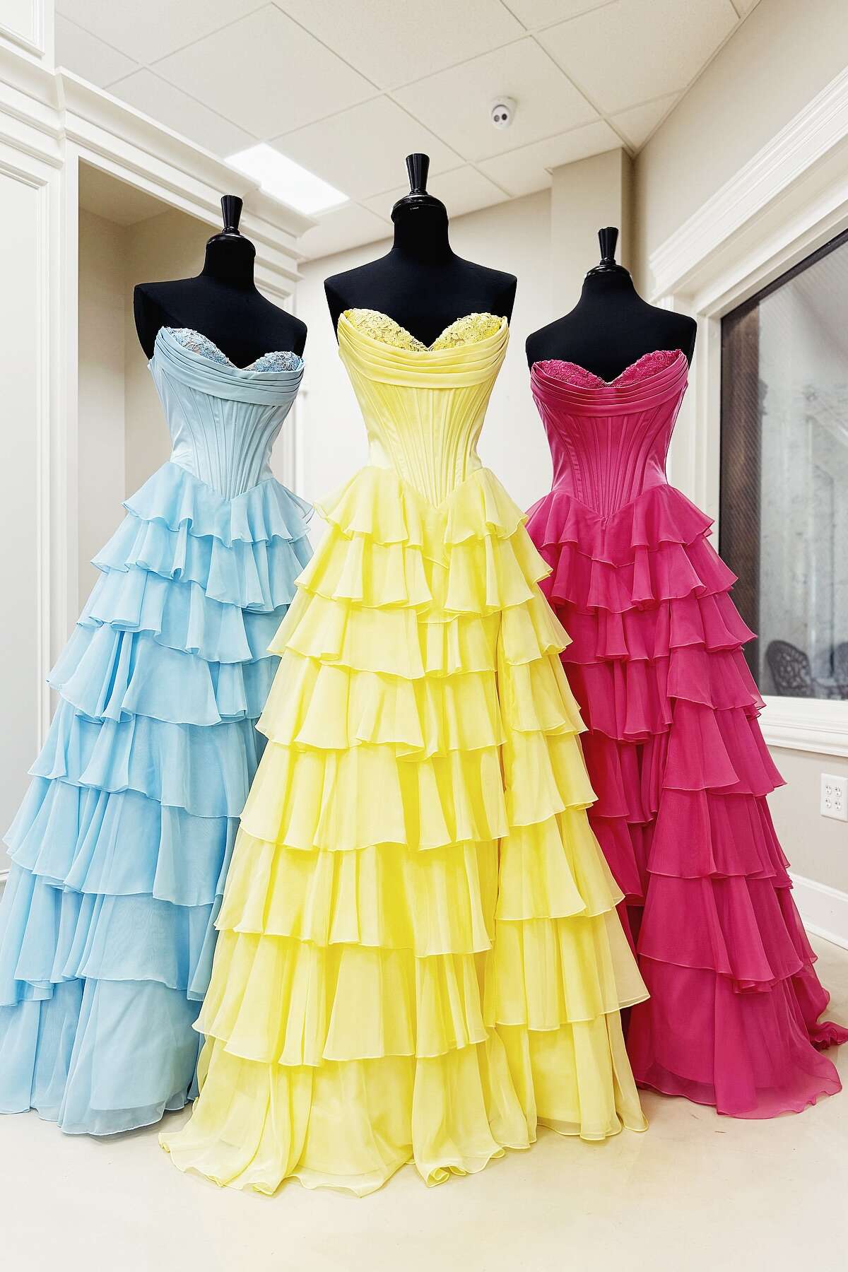 StraplessYellowTieredChiffonLo