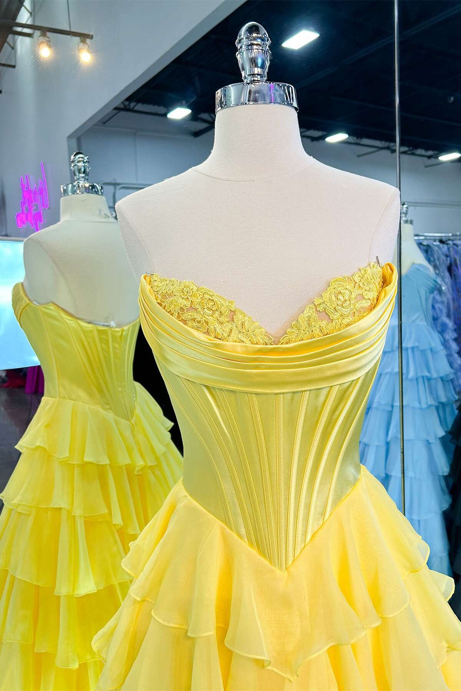 Strapless Yellow Tiered Chiffon Long Dress with Slit Ohmollydress Strapless Yellow Tiered Chiffon Long Dress with Slit Ohmollydress