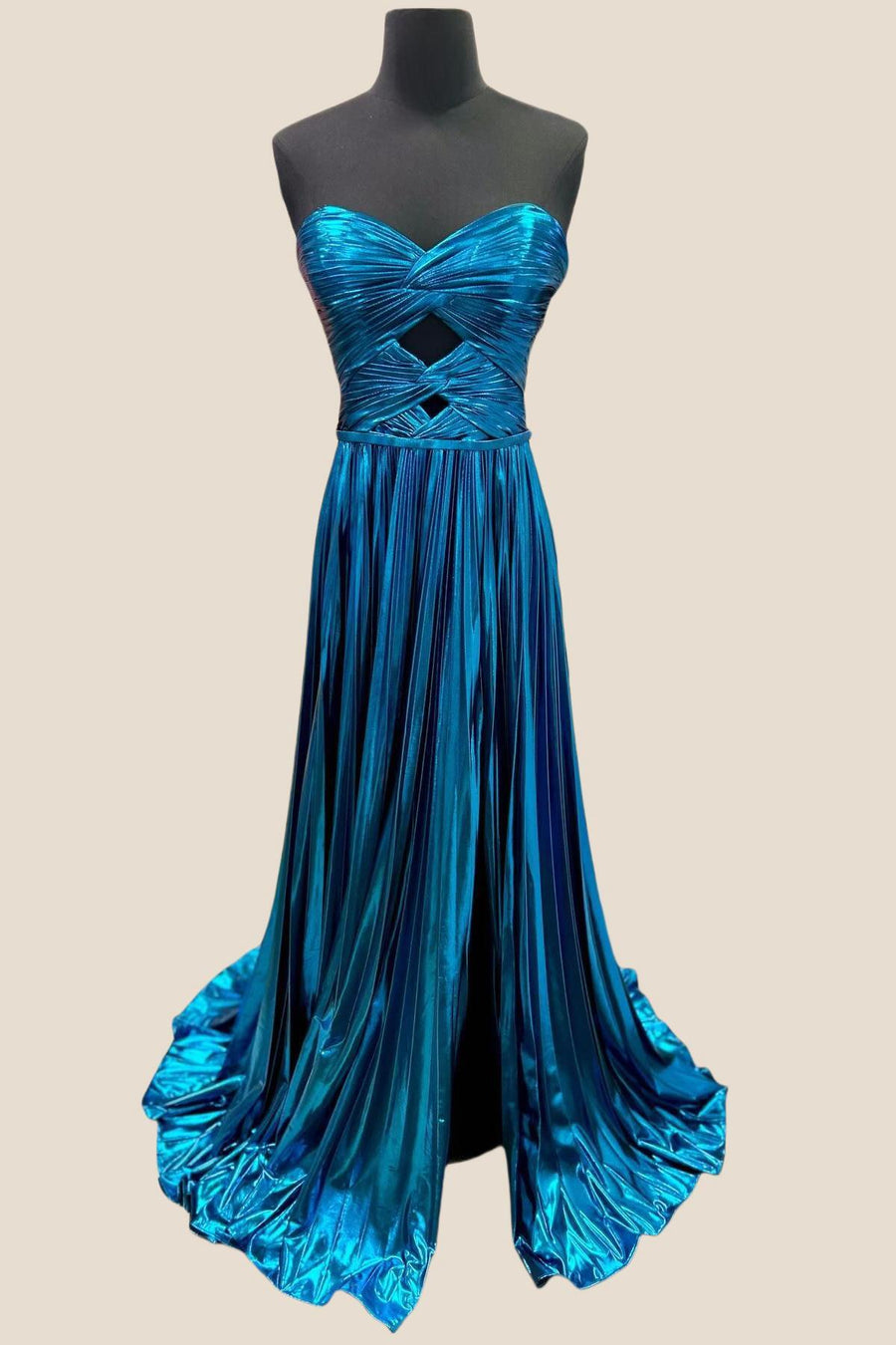 Strapless Blue Pleated Metallic Long Dress