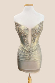Strapless Champagne Beaded Ruched Short Dress