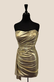 Strapless Gold Ruched Metallic Short Dress