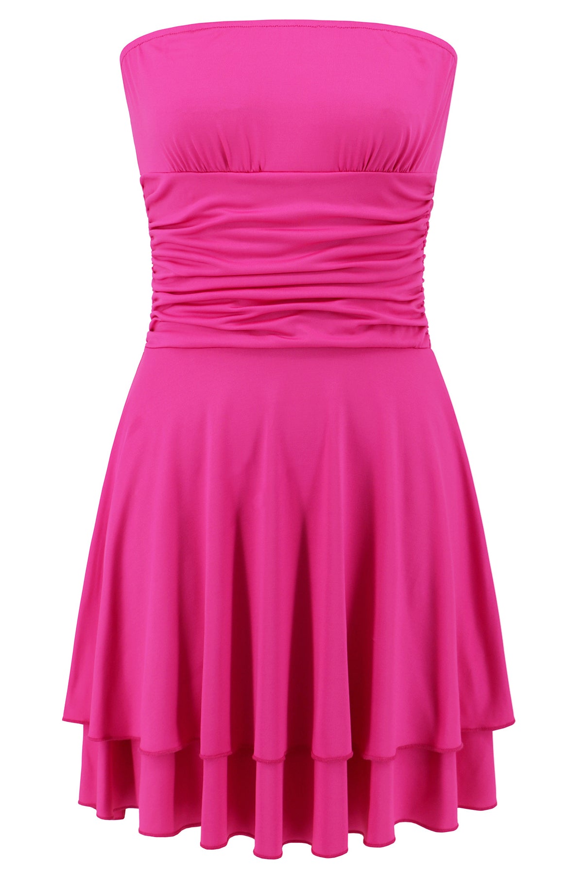 Strapless Hot Pink Ruffle Ruched Short Dress