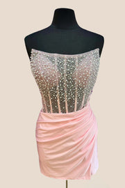 Strapless Light Pink Beaded Bodycon Short Dress