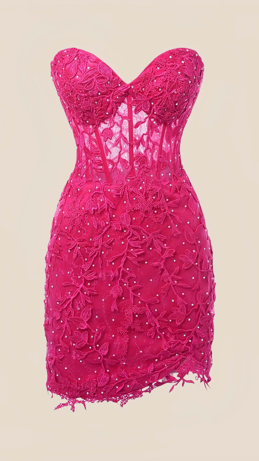 Strapless Neon Pink Appliques Tight Short Dress