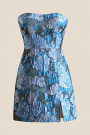 Strapless Light Blue Floral Short Dress with Silt