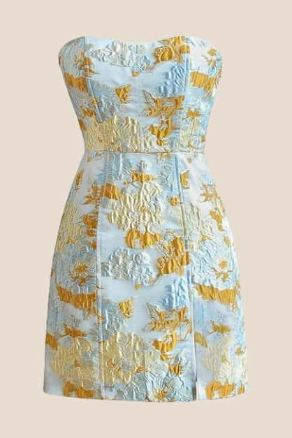 Strapless Light Blue Floral Short Dress with Silt