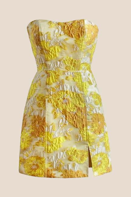 Strapless Light Blue Floral Short Dress with Silt