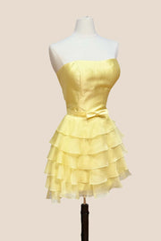 Strapless Yellow Tiered Short Dress with Bow
