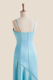 Straps Aqua Ruched Long Dress with Slit