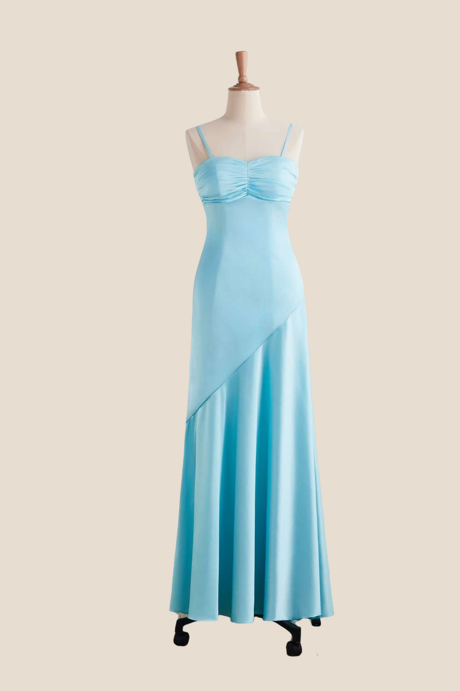 Straps Aqua Ruched Long Dress with Slit