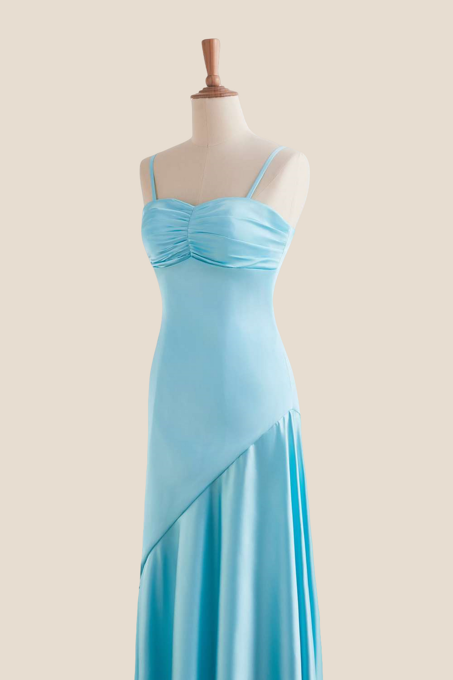 Straps Aqua Ruched Long Dress with Slit