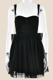 Straps Black Back Bow Sparkle Tulle Short Dress