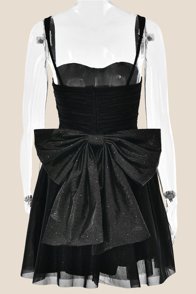 Straps Black Back Bow Sparkle Tulle Short Dress