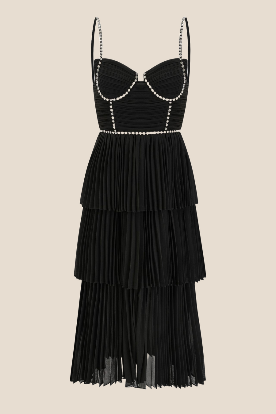 Straps Black Beaded Tiered Pleated Long Dress