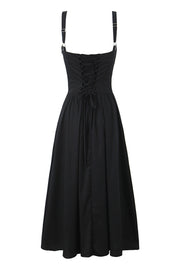 Straps Black Button Front Summer Dress with Lace